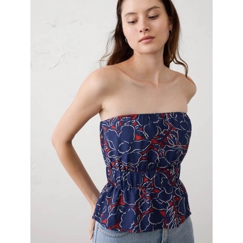 Banana Republic Womens Floral Strapless Tube Top Blue Red Smocked Linen Blend L